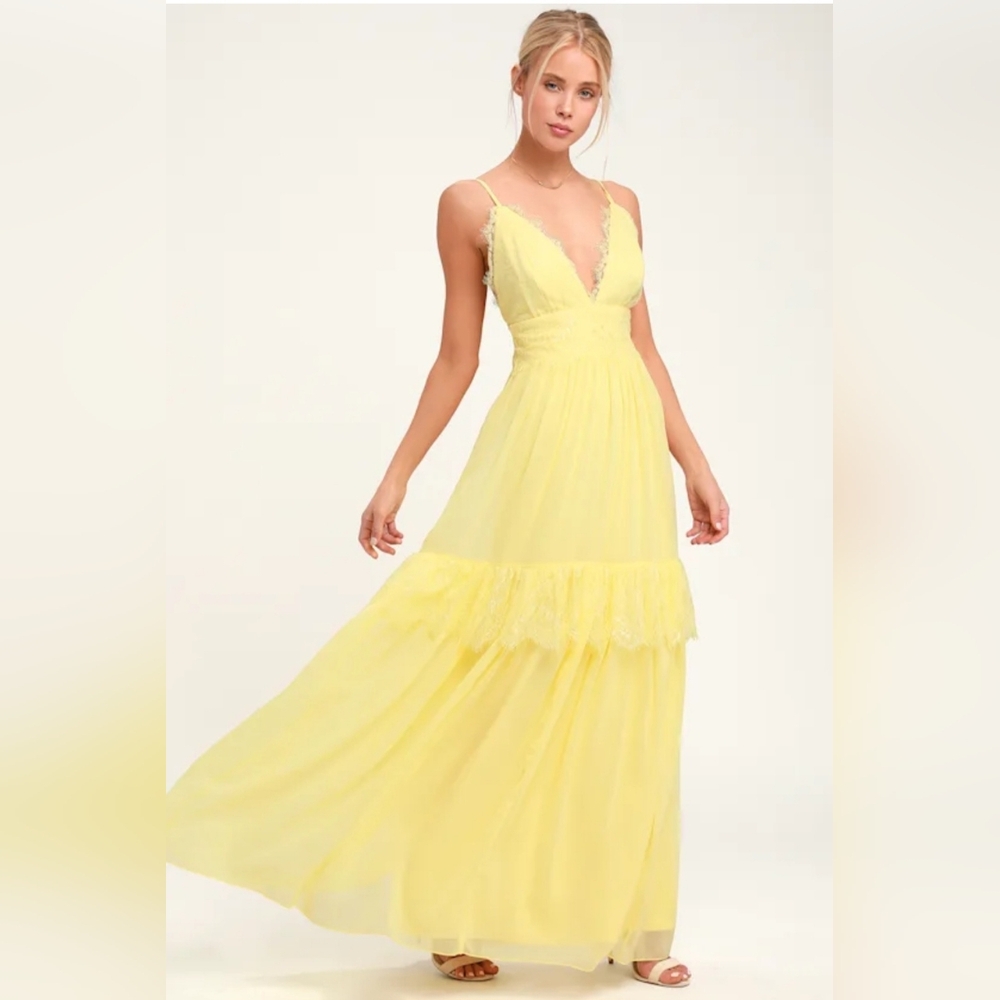 Lulus Dream About Me Pale Yellow Lace Maxi Dress